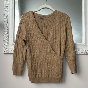 Ann Taylor small silk-blend surplice faux wrap cable knit sweater